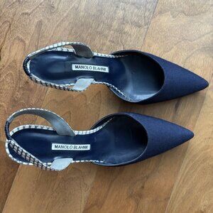 Manolo Blahnik Carolyn Navy Blue Linen Slingback Pump Featuring Almond Toe